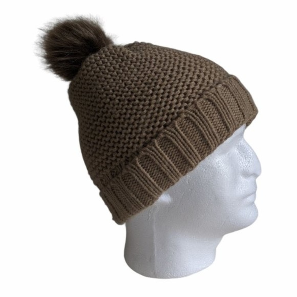 Women Puff Pom Beanie Hat Beige One Size Fall Winter Seasonal Warm Cozy